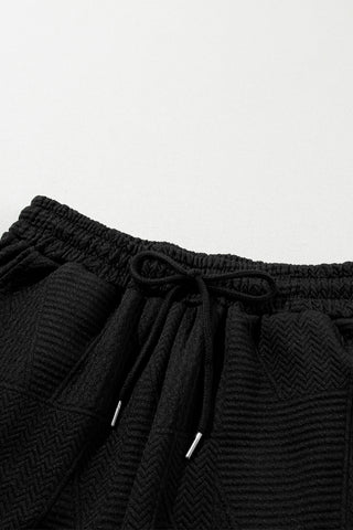 Black Textured Ruffle Split Top and Drawstring Shorts