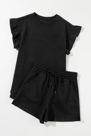 Black Textured Ruffle Split Top and Drawstring Shorts