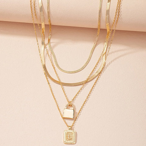 Gold Initial Letter and Lock Multi Layer Necklace in Gold Setting