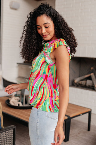 Lizzy Flutter Sleeve Top in Green Multi Abstract Stripe