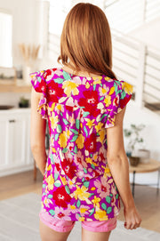 Lizzy Flutter Sleeve Top in Magenta and Yellow Floral