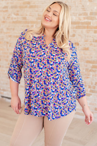 Lizzy Top in Blue and Pink Retro Ditsy Floral