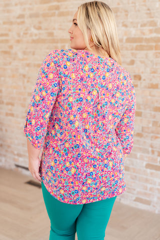 Lizzy Top in Hot Pink and Turquoise Ditsy Floral