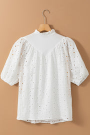 White Flower Embroidered Hollow-out Puff Sleeve Blouse