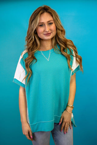 Regina Ribbed Top in Turquoise