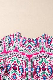 Pink Bohemian Print Tie Neck Ruffle Hem Short Dress