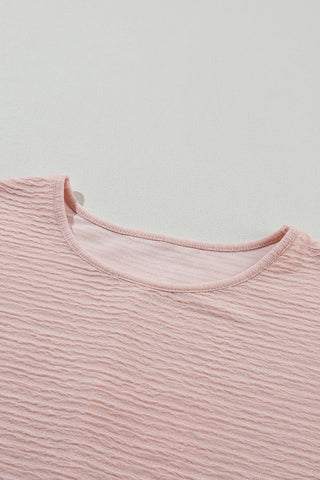 Light Pink Solid Textured Ruffled Short Sleeve Blouse
