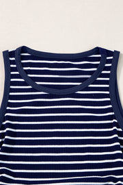 Blue Stripe Contrast Round Neck Sleeveless Slim Top