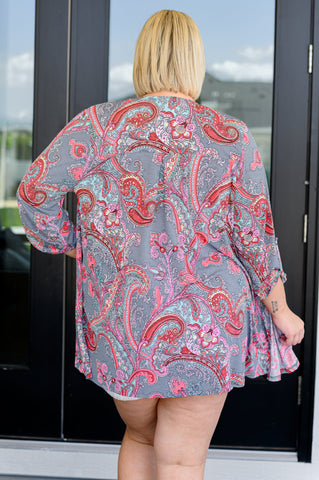 Lizzy Cardigan in Grey and Coral Paisley
