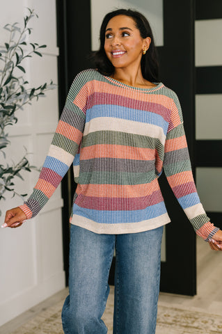 To Be Determined Drop Shoulder Top in Rust, Olive and Blue