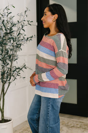 To Be Determined Drop Shoulder Top in Rust, Olive and Blue