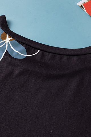 Black Summer Flower Print Casual Round Neck T Shirt