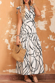 White Abstract Print Ruffle Maxi Dress